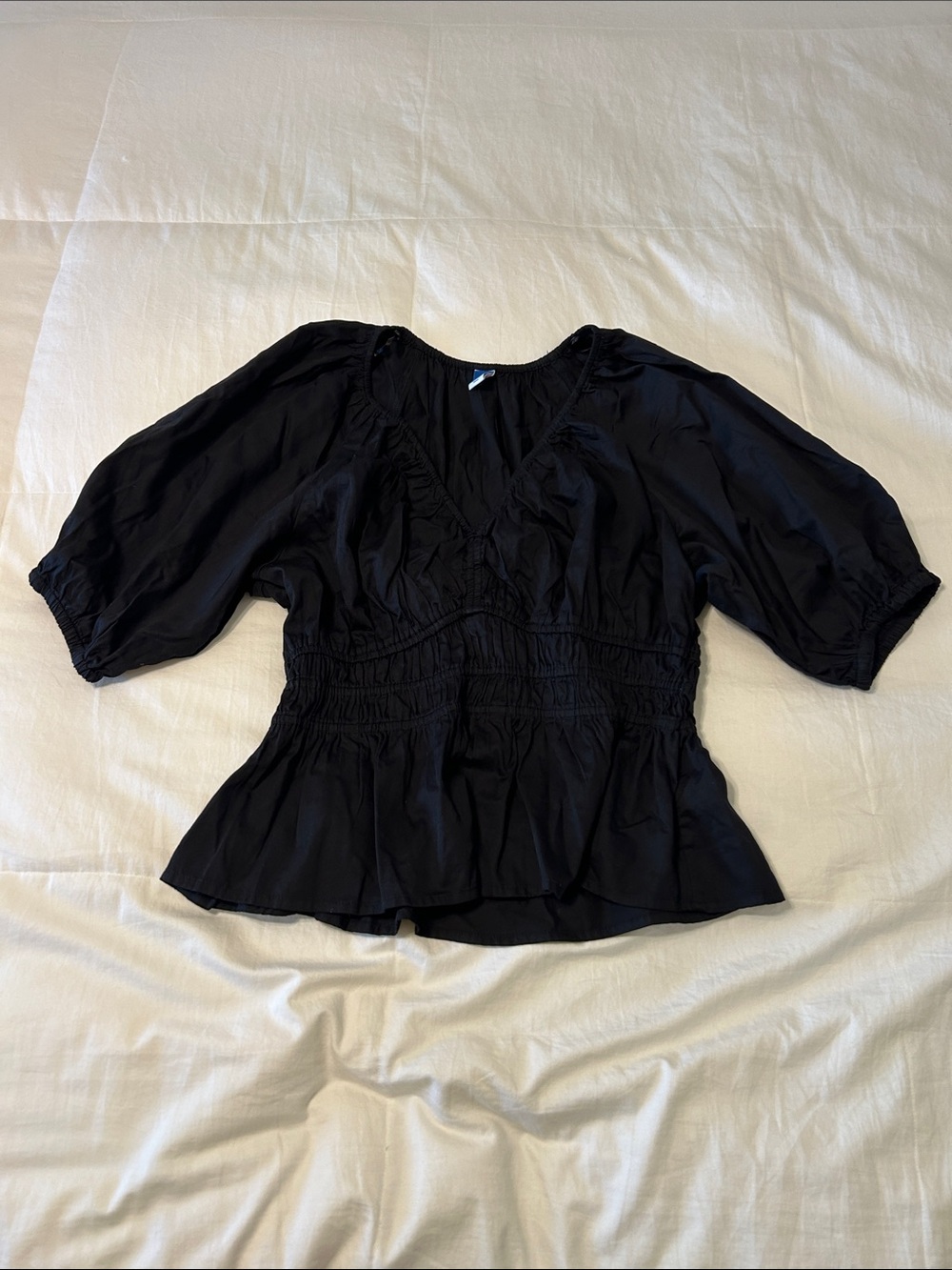 Old Navy Black Smocked Peplum Top with Puff Sleeves